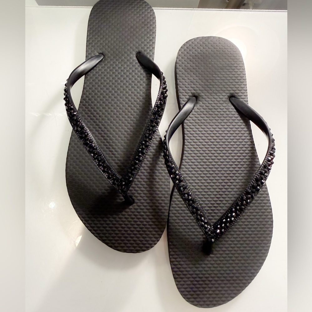 NEW NEVER WORN Black crystal embellished Flip Flops